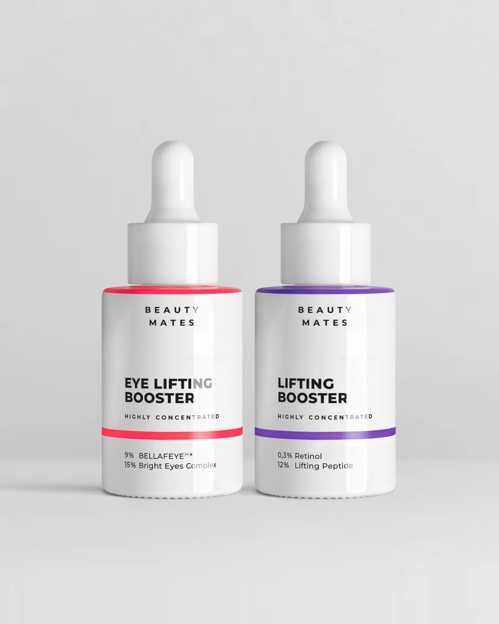 zwei Seren auf grauen Hintegrund Eye Lifting und Lifting Booster