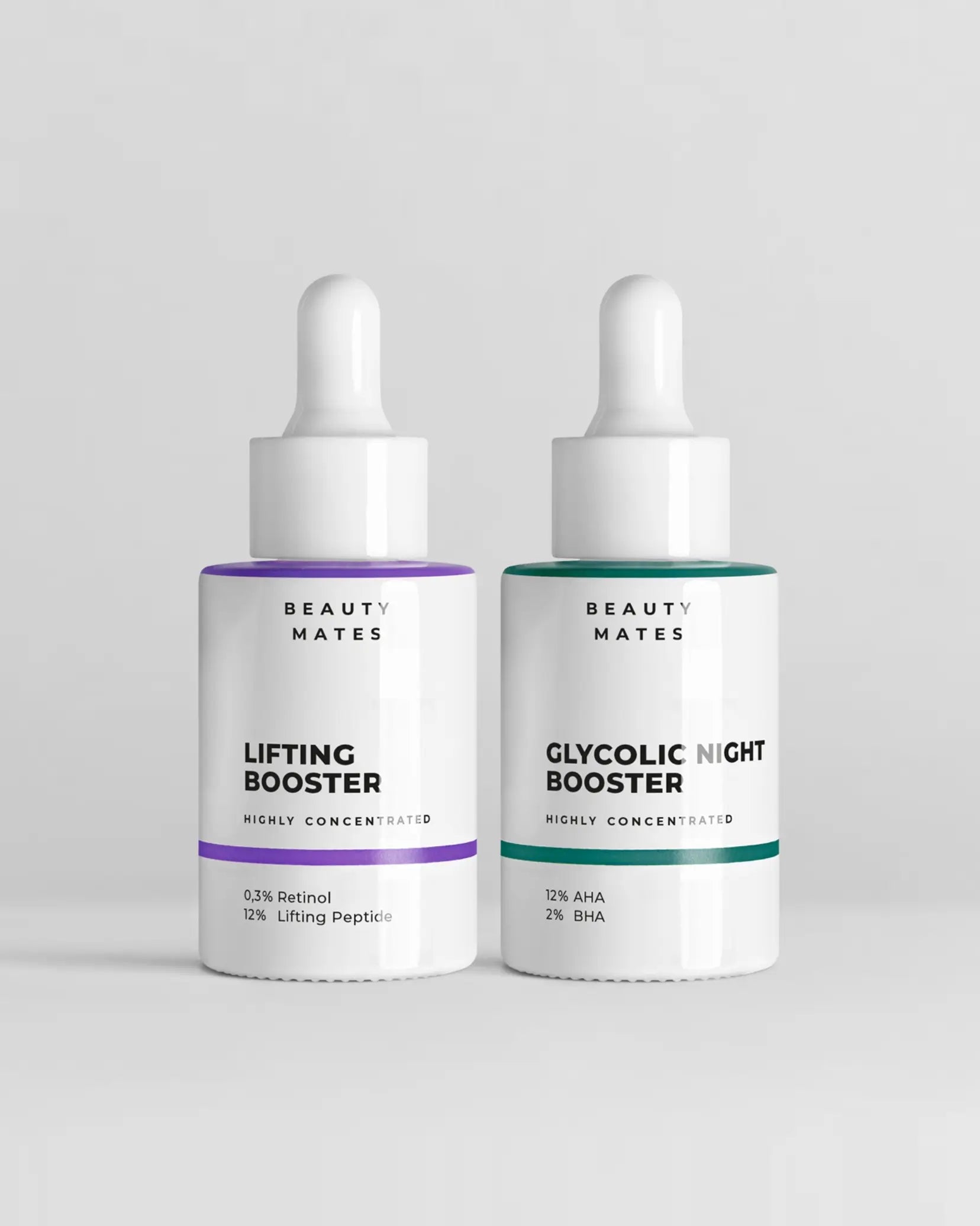 Lifting Booster und Glyycolig Night Booster Frontaufnahme auf grauen Hintergrund